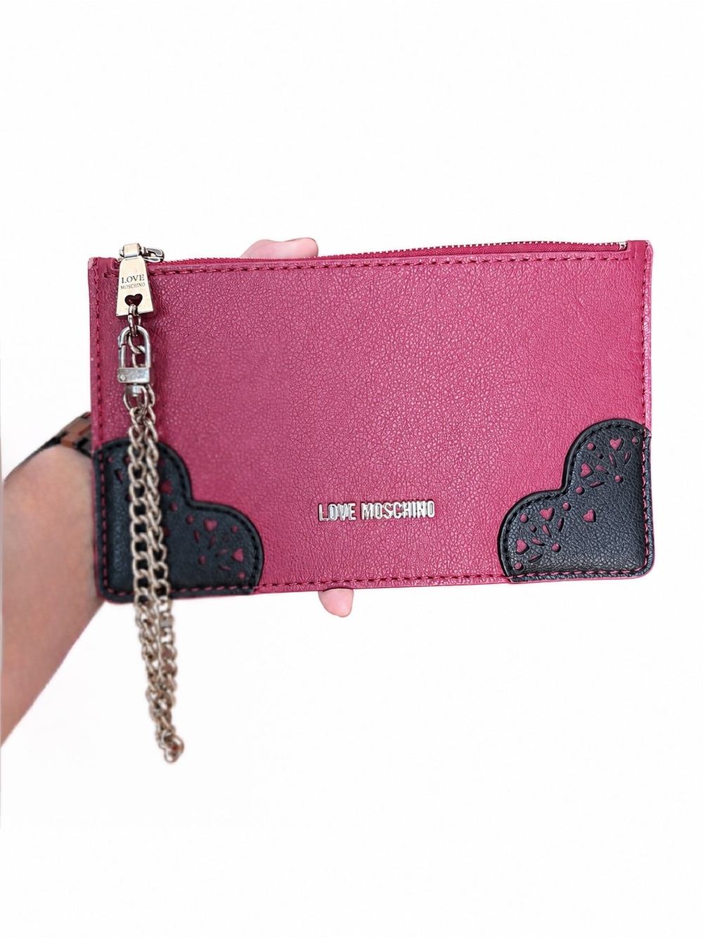 Love Moschino Burgundy Wristlet Clutch with Silver Hardware